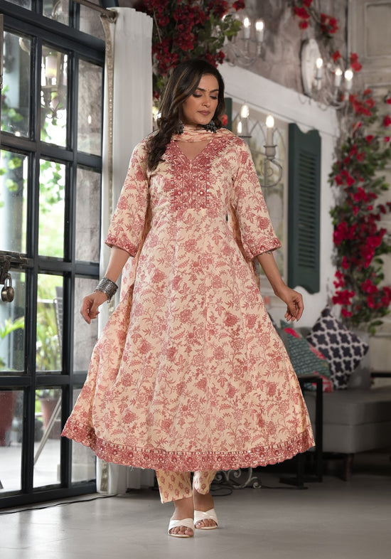 Pink Floral Printed Rayon Kurta, Pant And Dupatta Set With Mirror & Thread Work-J4839PINK_OF