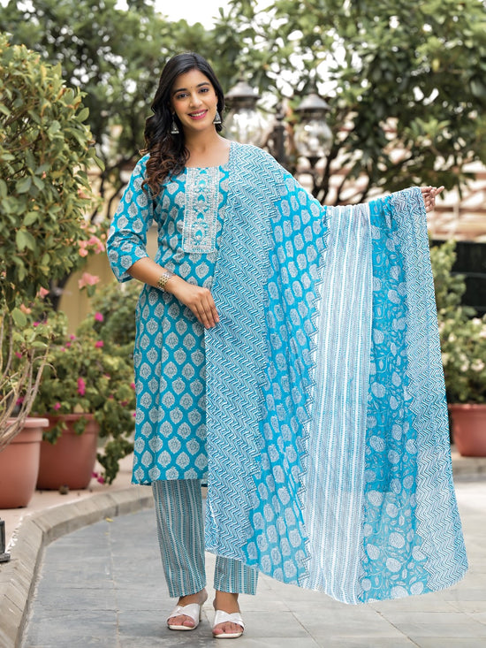 Juniper Blue Ethnic Motif Printed Cotton Kurta, Pant And Dupatta Set With Zari Work-J4845BLUE_OF