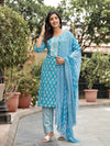 Juniper Blue Ethnic Motif Printed Cotton Kurta, Pant And Dupatta Set With Zari Work-J4845BLUE_OF