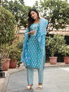 Juniper Blue Ethnic Motif Printed Cotton Kurta, Pant And Dupatta Set With Zari Work-J4845BLUE_OF