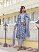 Juniper Grey Ethnic Motif Printed Cotton Kurta, Pant And Dupatta Set With Thread & Zari Work-J4846GREY_OF