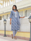 Juniper Grey Ethnic Motif Printed Cotton Kurta, Pant And Dupatta Set With Thread & Zari Work-J4846GREY_OF