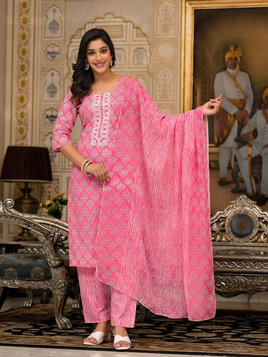 Juniper Pink Ethnic Motif Printed Cotton Kurta, Pant And Dupatta Set  With Thread And Mirror Work-J4847PINK_OF