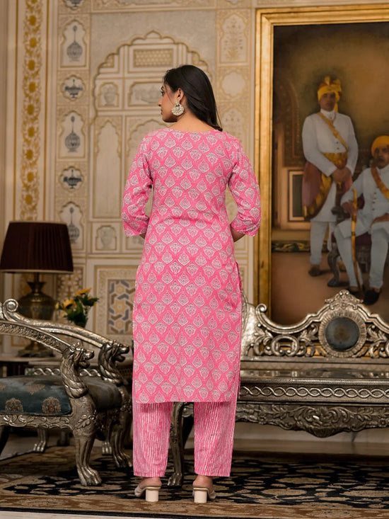 Juniper Pink Ethnic Motif Printed Cotton Kurta, Pant And Dupatta Set  With Thread And Mirror Work-J4847PINK_OF