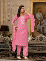 Juniper Pink Ethnic Motif Printed Cotton Kurta, Pant And Dupatta Set  With Thread And Mirror Work-J4847PINK_OF