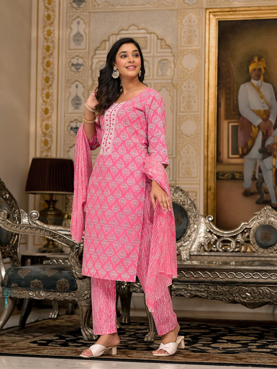 Juniper Pink Ethnic Motif Printed Cotton Kurta, Pant And Dupatta Set  With Thread And Mirror Work-J4847PINK_OF