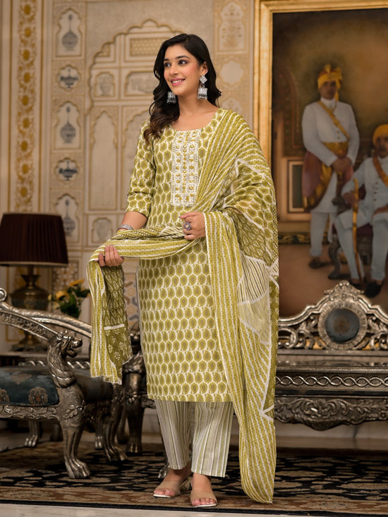 Juniper Green Ethnic Motif Printed Cotton Kurta, Pant And Dupatta Set With Thread & Mirror Work-J4848GREEN_OF