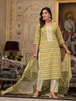 Juniper Green Ethnic Motif Printed Cotton Kurta, Pant And Dupatta Set With Thread & Mirror Work-J4848GREEN_OF