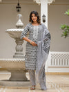 Juniper Grey Ethnic Motif Printed Cotton Kurta, Pant And Dupatta Set With Thread & Mirror Work-J4848GREY_OF