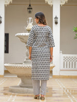 Juniper Grey Ethnic Motif Printed Cotton Kurta, Pant And Dupatta Set With Thread & Mirror Work-J4848GREY_OF