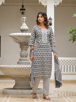 Juniper Grey Ethnic Motif Printed Cotton Kurta, Pant And Dupatta Set With Thread & Mirror Work-J4848GREY_OF