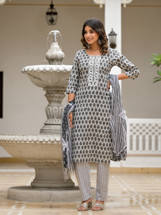 Juniper Grey Ethnic Motif Printed Cotton Kurta, Pant And Dupatta Set With Thread & Mirror Work-J4848GREY_OF