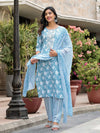 Juniper Blue Floral Printed Cotton Kurta, Pant And Dupatta Set With Thread & Mirror Work-J4849BLUE_OF