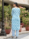 Juniper Blue Floral Printed Cotton Kurta, Pant And Dupatta Set With Thread & Mirror Work-J4849BLUE_OF