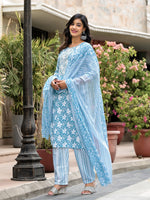 Juniper Blue Floral Printed Cotton Kurta, Pant And Dupatta Set With Thread & Mirror Work-J4849BLUE_OF