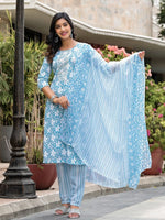 Juniper Blue Floral Printed Cotton Kurta, Pant And Dupatta Set With Thread & Mirror Work-J4849BLUE_OF