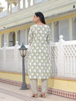 Juniper Green Floral Printed Cotton Kurta, Pant And Dupatta Set With Thread & Mirror Work-J4849GREEN_OF