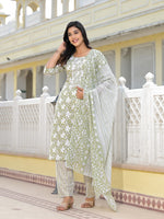 Juniper Green Floral Printed Cotton Kurta, Pant And Dupatta Set With Thread & Mirror Work-J4849GREEN_OF