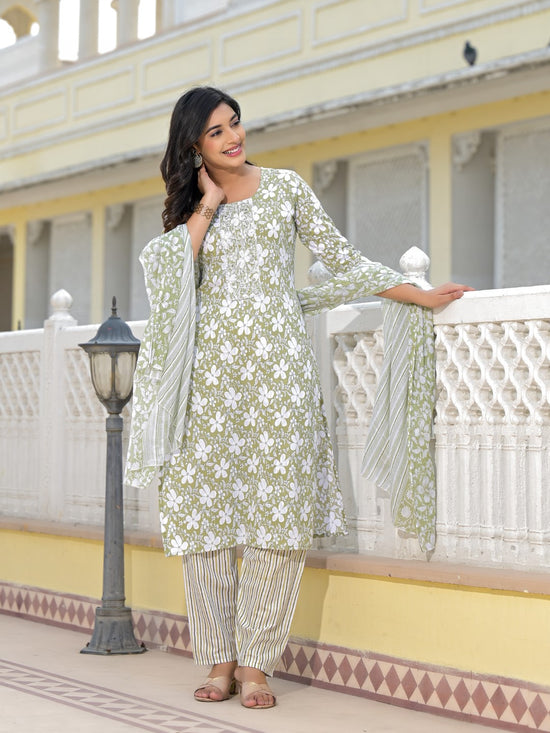 Juniper Green Floral Printed Cotton Kurta, Pant And Dupatta Set With Thread & Mirror Work-J4849GREEN_OF