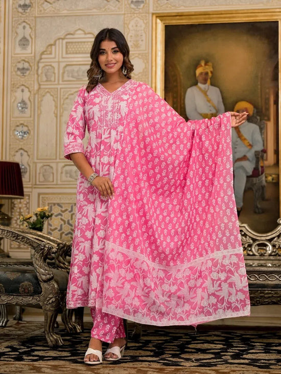 Juniper Pink Floral Printed Liva Rayon Kurta Set With Thread & Mirror Work-J4850PINK