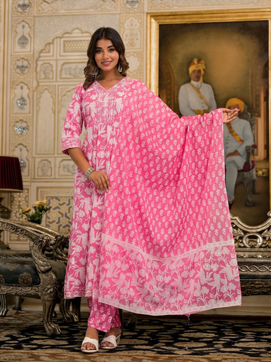 Juniper Pink Floral Printed Liva Rayon Kurta Set With Thread & Mirror Work-J4850PINK