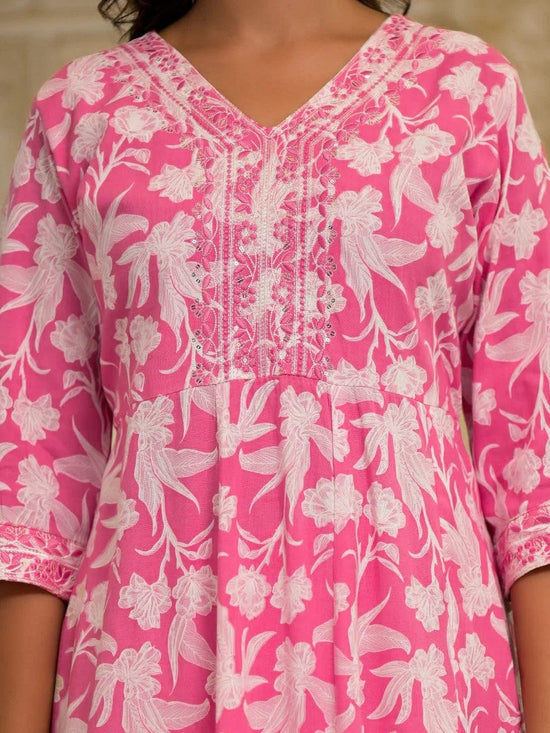 Juniper Pink Floral Printed Liva Rayon Kurta Set With Thread & Mirror Work-J4850PINK