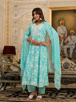 Juniper Green Floral Printed Liva Rayon Kurta, Pant And Dupatta Set With Thread & Sequins Work-J4850RAMAGREEN