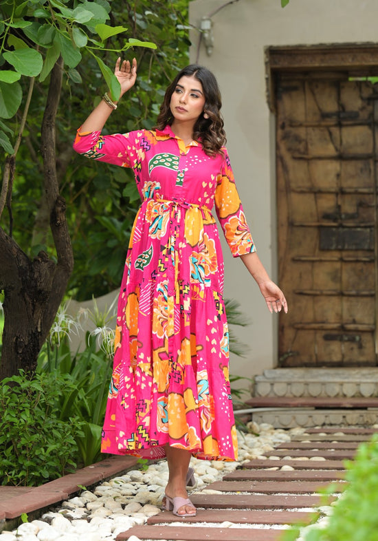 Fuchsia Geometric Printed Cambric Dress With Buttons & Doris On Waist-J4907OT8FUCHSIA