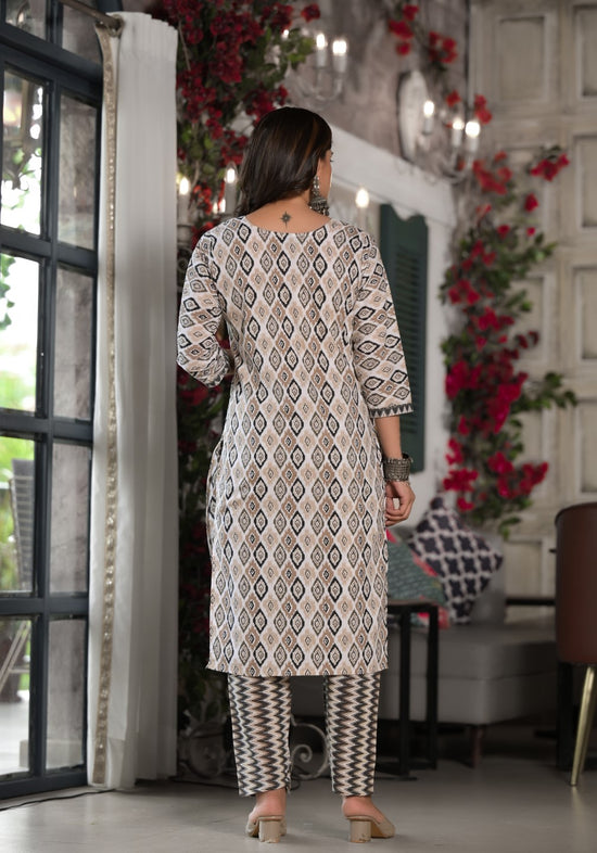 Black Ikat Printed Cotton Kurta, Pant And Dupatta Set With Mirror & Thread Work-J4910OT3BLACK