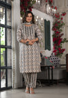 Black Ikat Printed Cotton Kurta, Pant And Dupatta Set With Mirror & Thread Work-J4910OT3BLACK