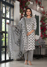 Black Ethnic Motif Printed Cotton Kurta, Pant And Dupatta Set With Mirror & Thread Work-J4911OT3BLACK