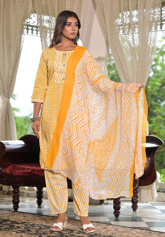 Mustard Ethnic Motif Printed Cotton Kurta, Pant And Dupatta Set With Lace & Buttons-J4912OT3MUSTARD