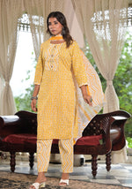 Mustard Ethnic Motif Printed Cotton Kurta, Pant And Dupatta Set With Lace & Buttons-J4912OT3MUSTARD