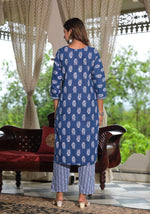 Navy Ethnic Motif Printed Cotton Kurta, Pant And Dupatta Set With Lace-J4913OT3NAVY