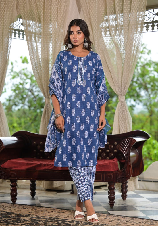 Navy Ethnic Motif Printed Cotton Kurta, Pant And Dupatta Set With Lace-J4913OT3NAVY