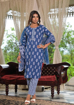 Navy Ethnic Motif Printed Cotton Kurta, Pant And Dupatta Set With Lace-J4913OT3NAVY