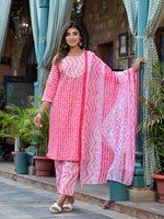 Pink Ethnic Motif Printed Cotton Kurta, Pant And Dupatta Set With Mirror & Thread Work-J4914OT3PINK