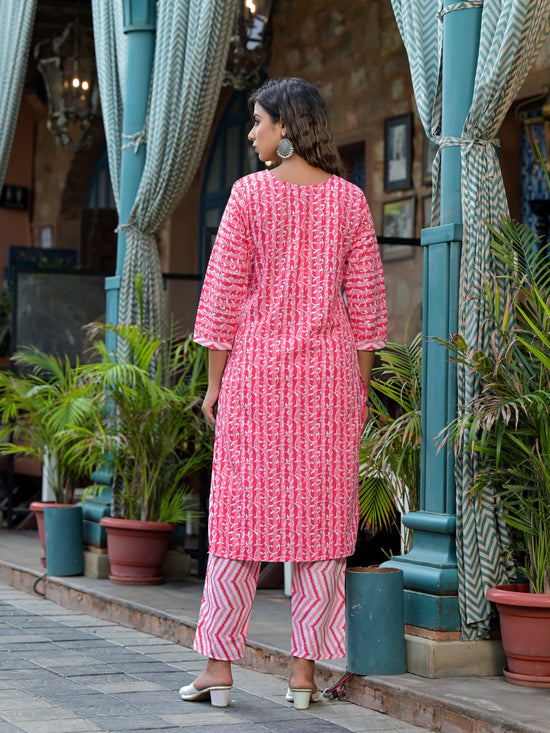 Pink Ethnic Motif Printed Cotton Kurta, Pant And Dupatta Set With Mirror & Thread Work-J4914OT3PINK