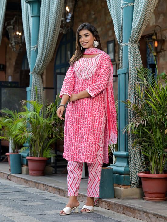 Pink Ethnic Motif Printed Cotton Kurta, Pant And Dupatta Set With Mirror & Thread Work-J4914OT3PINK