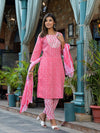 Pink Ethnic Motif Printed Cotton Kurta, Pant And Dupatta Set With Mirror & Thread Work-J4914OT3PINK