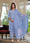 Sky Blue Ethnic Motif Printed Cotton Kurta, Pant And Dupatta Set With Buttons & Lace-J4915OT3SKYBLUE