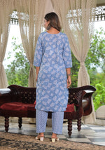 Sky Blue Ethnic Motif Printed Cotton Kurta, Pant And Dupatta Set With Buttons & Lace-J4915OT3SKYBLUE