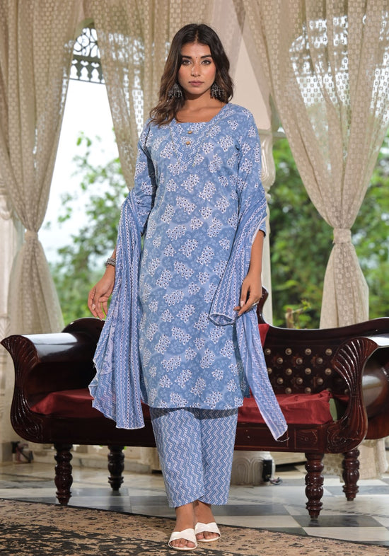 Sky Blue Ethnic Motif Printed Cotton Kurta, Pant And Dupatta Set With Buttons & Lace-J4915OT3SKYBLUE