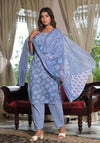 Sky Blue Ethnic Motif Printed Cotton Kurta, Pant And Dupatta Set With Buttons & Lace-J4915OT3SKYBLUE