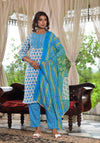 Sky Blue Ethnic Motif Printed Cotton Kurta, Pant And Dupatta Set With Zari & Mirror Work-J4916OT3SKYBLUE