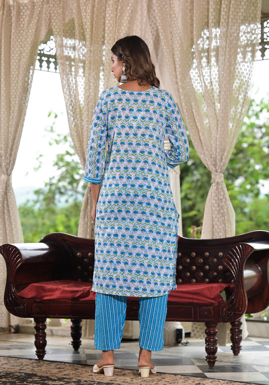 Sky Blue Ethnic Motif Printed Cotton Kurta, Pant And Dupatta Set With Zari & Mirror Work-J4916OT3SKYBLUE