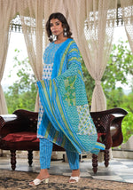 Sky Blue Ethnic Motif Printed Cotton Kurta, Pant And Dupatta Set With Zari & Mirror Work-J4916OT3SKYBLUE