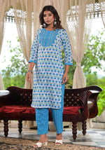 Sky Blue Ethnic Motif Printed Cotton Kurta, Pant And Dupatta Set With Zari & Mirror Work-J4916OT3SKYBLUE