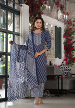 Blue Ethnic Motif Printed Cotton Kurta, Pant And Dupatta Set With Lace-J4917OT3BLUE