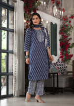 Blue Ethnic Motif Printed Cotton Kurta, Pant And Dupatta Set With Lace-J4917OT3BLUE